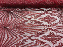 4 Way Stretch Fabric - Burgundy - Elegant Design Sequins Fashion on Spandex Mesh