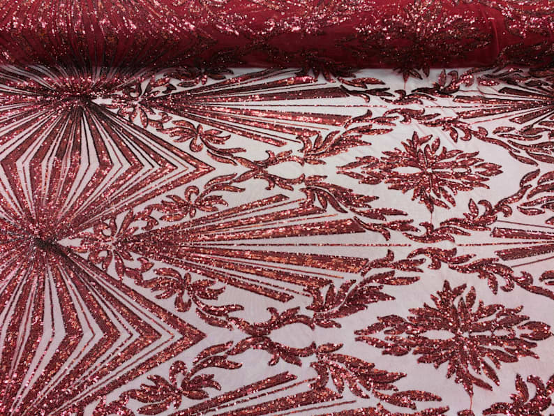 4 Way Stretch Fabric - Burgundy - Elegant Design Sequins Fashion on Spandex Mesh