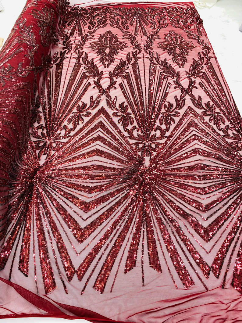 4 Way Stretch Fabric - Burgundy - Elegant Design Sequins Fashion on Spandex Mesh