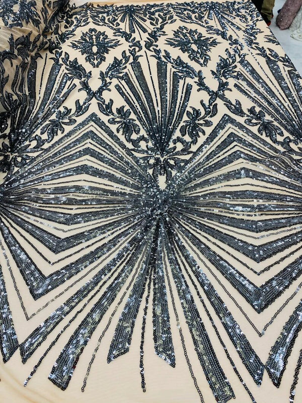 4 Way Stretch Fabric - Charcoal - Elegant Design Sequins Fashion on Spandex Mesh