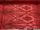 4 Way Stretch Fabric - Red - Elegant Design Sequins Fashion on Spandex Mesh