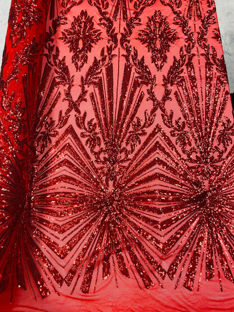 4 Way Stretch Fabric - Red - Elegant Design Sequins Fashion on Spandex Mesh