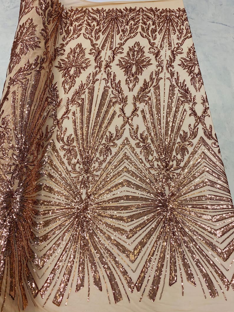 4 Way Stretch Fabric - Rose Gold - Elegant Design Sequins Fashion on Spandex Mesh