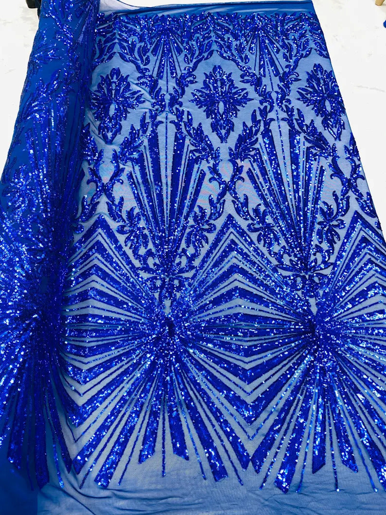4 Way Stretch Fabric - Royal Blue - Elegant Design Sequins Fashion on Spandex Mesh