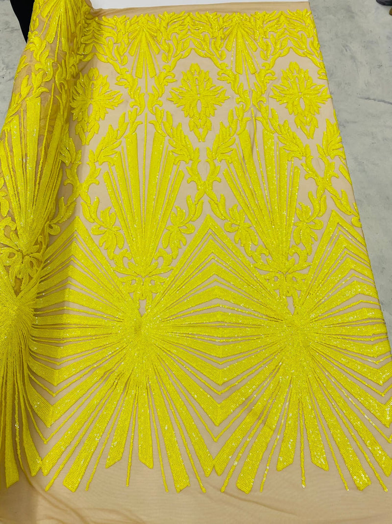 4 Way Stretch Fabric - Yellow - Elegant Design Sequins Fashion on Spandex Mesh