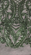 Damask Geometric Sequins - Hunter Green - 4 Way Stretch Sequins Damask Pattern Design Sold By Yard