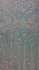 BLue/White Iridescent Sequin Fabric, by the yard - White Mesh 4 Way Stretch Aztec Design
