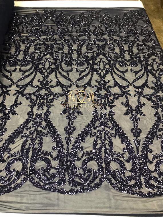 4 Way Stretch - Navy - Sequins Damask Design Fabric Embroidered On Mesh Sold By The Yard