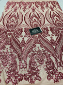 Big Damask Sequins Fabric - Dusty Rose - 4 Way Stretch Damask Sequins Design Fabric By Yard