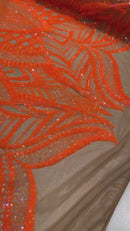 Orange Sequin - 4 Way Stretch Embroidered Royalty Sequins Design Fabric By Yard