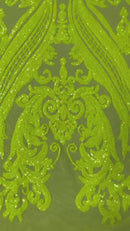 Big Damask Sequins Fabric - Neon Yellow Solid - 4 Way Stretch Damask Sequins Design Fabric By Yard