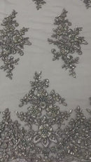 Beaded Shiny Floral Cluster - Silver - Embroidered Luxury Floral Design by Yard