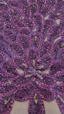 3D Beaded Peacock Feathers - Purple - Vegas Design Embroidered Sequins and Beads On a Mesh Lace Fabric (Choose The Panels)