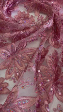 Holographic Sequins Lace - Dusty Rose - Flower Sequins Lace Design w/ Metallic Thread by Yard