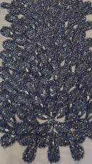 3D Beaded Peacock Feathers - Navy Blue - Vegas Design Embroidered Sequins and Beads On a Mesh Lace Fabric (Choose The Panels)