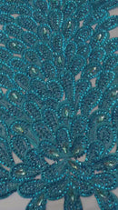 3D Beaded Peacock Feathers - Turquoise - Vegas Design Embroidered Sequins and Beads On a Mesh Lace Fabric (Choose The Panels)