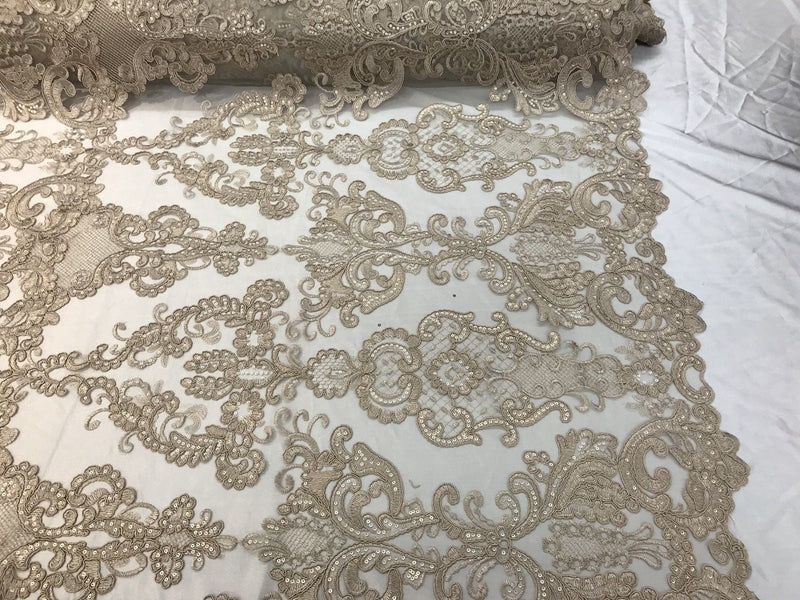Floral - Taupe - Embroided Lace Fabric Damask Pattern - Beautiful Fabrics Sold by The Yard