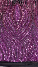 Multi-Color Fabric - Magenta/Black - Feather Shape Sequins Fabric Sold By Yard