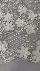 3D Floral Pearl Fabric - Ivory - 3D Triangle Flower Design on Mesh By Yard