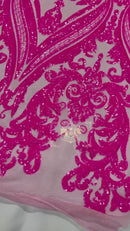 Big Damask Sequins Fabric - Hot Pink - 4 Way Stretch Damask Sequins Design Fabric By Yard