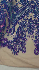 Big Damask Sequins Fabric - Lavender Iridescent - 4 Way Stretch Damask Sequins Design Fabric By Yard