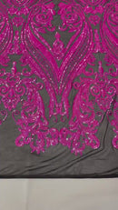 Big Damask Sequins Fabric - Hot Pink on Black - 4 Way Stretch Damask Sequins Design Fabric By Yard