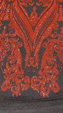 Big Damask Sequins Fabric - Orange on Black - 4 Way Stretch Damask Sequins Design Fabric By Yard