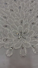 3D Beaded Peacock Feathers - White - Vegas Design Embroidered Sequins and Beads On a Mesh Lace Fabric (Choose The Panels)