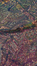 Iridescent Rainbow - 4 Way Stretch Embroidered Royalty Sequins Design Fabric By Yard