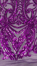 Damask Geometric Sequins - Purple - 4 Way Stretch Sequins Damask Pattern Design Sold By Yard