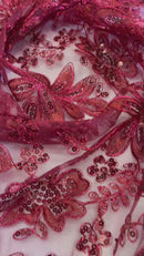 Holographic Sequins Lace - Burgundy - Flower Sequins Lace Design w/ Metallic Thread by Yard