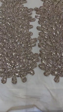 3D Beaded Peacock Feathers - Champagne - Vegas Design Embroidered Sequins and Beads On a Mesh Lace Fabric (Choose The Panels)