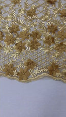 3D Floral Pearl Fabric - Gold - 3D Triangle Flower Design on Mesh By Yard