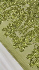 Big Damask Sequins Fabric - Olive Green  - 4 Way Stretch Damask Sequins Design Fabric By Yard