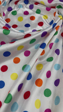 Polka Dot Satin Fabric - Multi-Color on White - 3/4" Inch Super Soft Silky Satin Polka Dot Fabric Sold By Yard