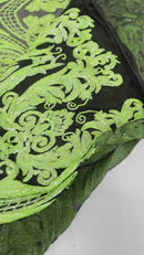 Big Damask Sequins Fabric - Neon Green / Black - 4 Way Stretch Damask Sequins Design Fabric By Yard