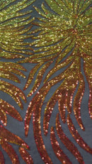 Angel Wing Sequin Design - Iridescent Orange - Wing Patterns Embroidered with Sequins on Black Mesh By Yard