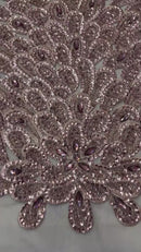 3D Beaded Peacock Feathers - Rose Gold - Vegas Design Embroidered Sequins and Beads On a Mesh Lace Fabric (Choose The Panels)