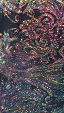Big Damask Sequins Fabric - Rainbow - 4 Way Stretch Damask Sequins Design Fabric By Yard