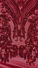 Big Damask Sequins Fabric - Red - 4 Way Stretch Damask Sequins Design Fabric By Yard