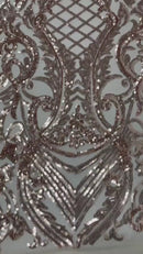 Damask Geometric Sequins - Rose Gold - 4 Way Stretch Sequins Damask Pattern Design Sold By Yard