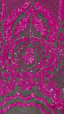 4 Way Stretch Fabric - Hot Pink on Black - Embroidered Pattern Design Sequins Fabric on Mesh By Yard