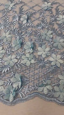 3D Floral Pearl Fabric - Baby Blue - 3D Triangle Flower Design on Mesh By Yard