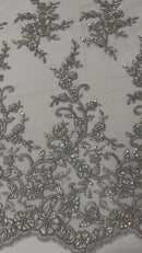 Beaded Floral Cluster - Silver - Fancy Embroidered Glamorous Floral Design Sold by Yard