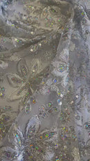 Holographic Sequins Lace - Silver - Flower Sequins Lace Design w/ Metallic Thread by Yard