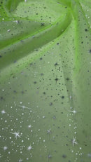 Foil Star Organza - Silver On Lime Green - 60" Sheer Silver Star Organza Fabric Sold By Yard