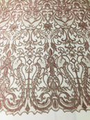 Glam Damask Beaded Fabric - Rose Gold - Embroidered Elegant Fashion Fabric with Beads on Mesh