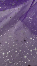 Foil Star Organza - Silver On Purple - 60" Sheer Silver Star Organza Fabric Sold By Yard