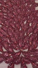 3D Beaded Peacock Feathers - Burgundy - Vegas Design Embroidered Sequins and Beads On a Mesh Lace Fabric (Choose The Panels)