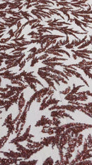 Leaf Plant Cluster Design Fabric - Burgundy - Beaded Embroidered Leaves Design on Lace Mesh By Yard